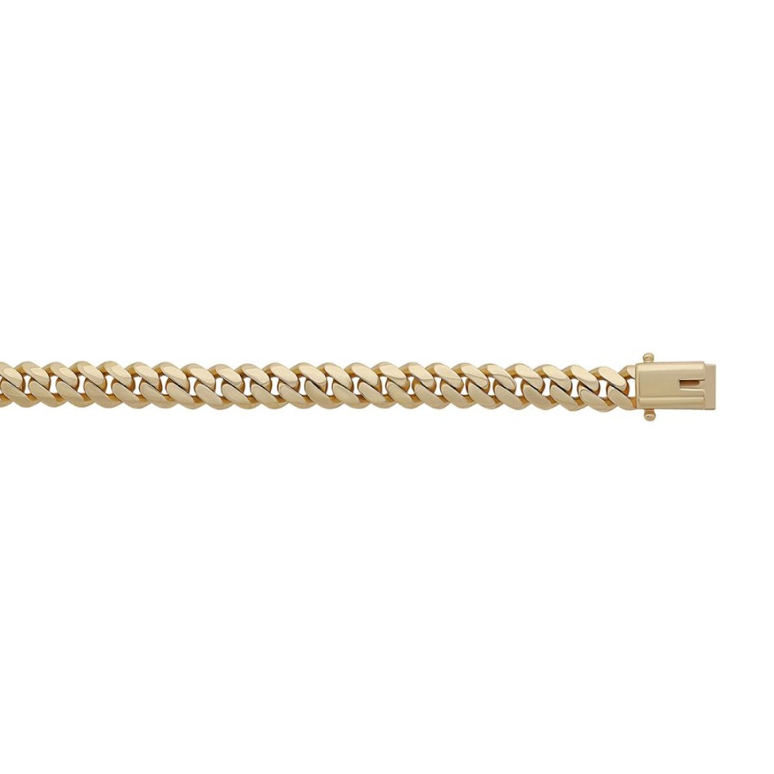 Solid 9ct yellow gold Cuban link bracelet with box clasp shown on white background, available in 7mm and 8.5mm widths