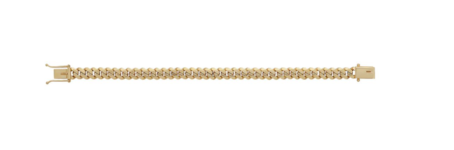9ct yellow gold 7mm Cuban link bracelet with box clasp, 8.5-inch length, polished finish.