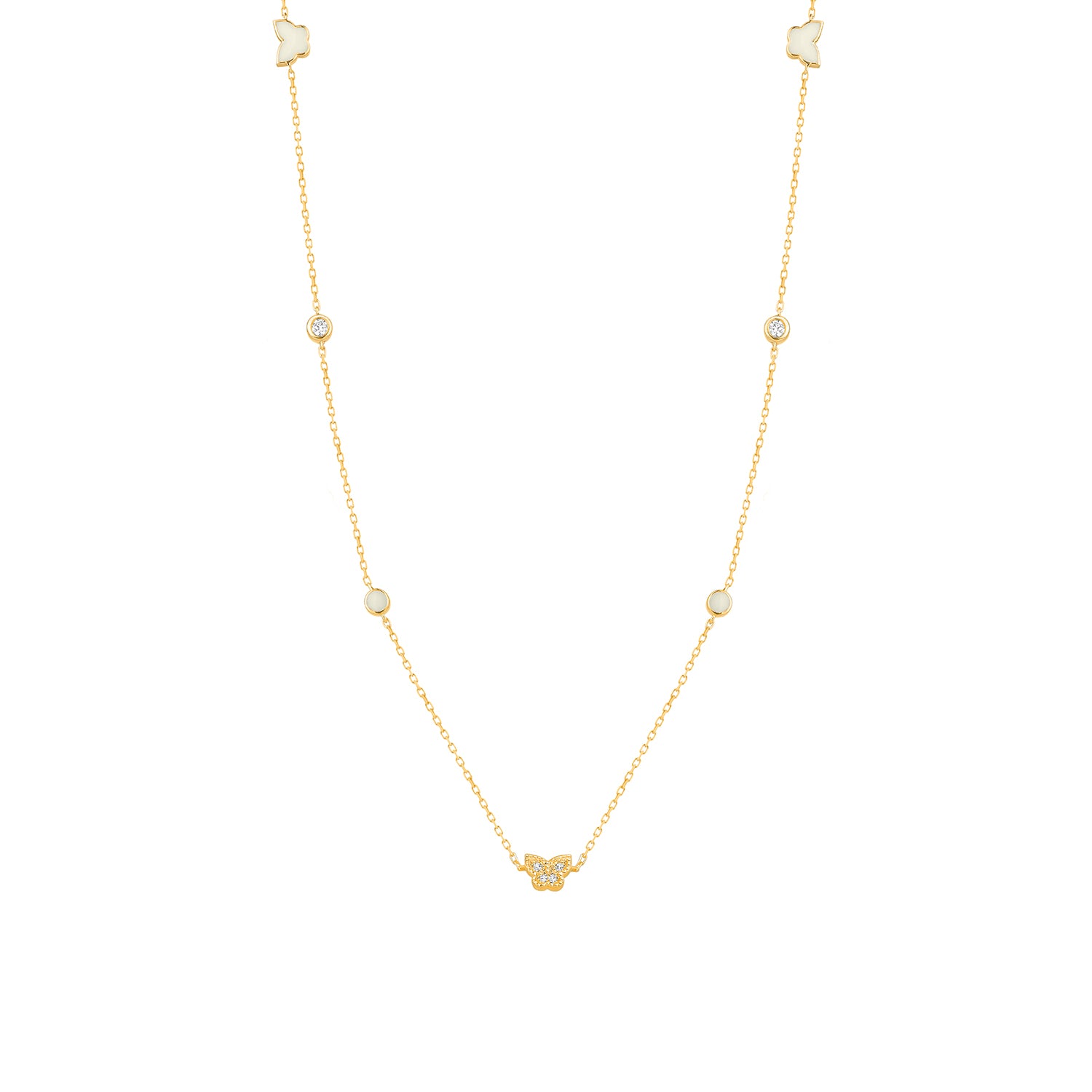 Yellow gold diamond butterfly and enamel station necklace featuring a central pavé diamond butterfly with enamel butterfly motifs and bezel set diamonds along a 42cm chain, shown on white background