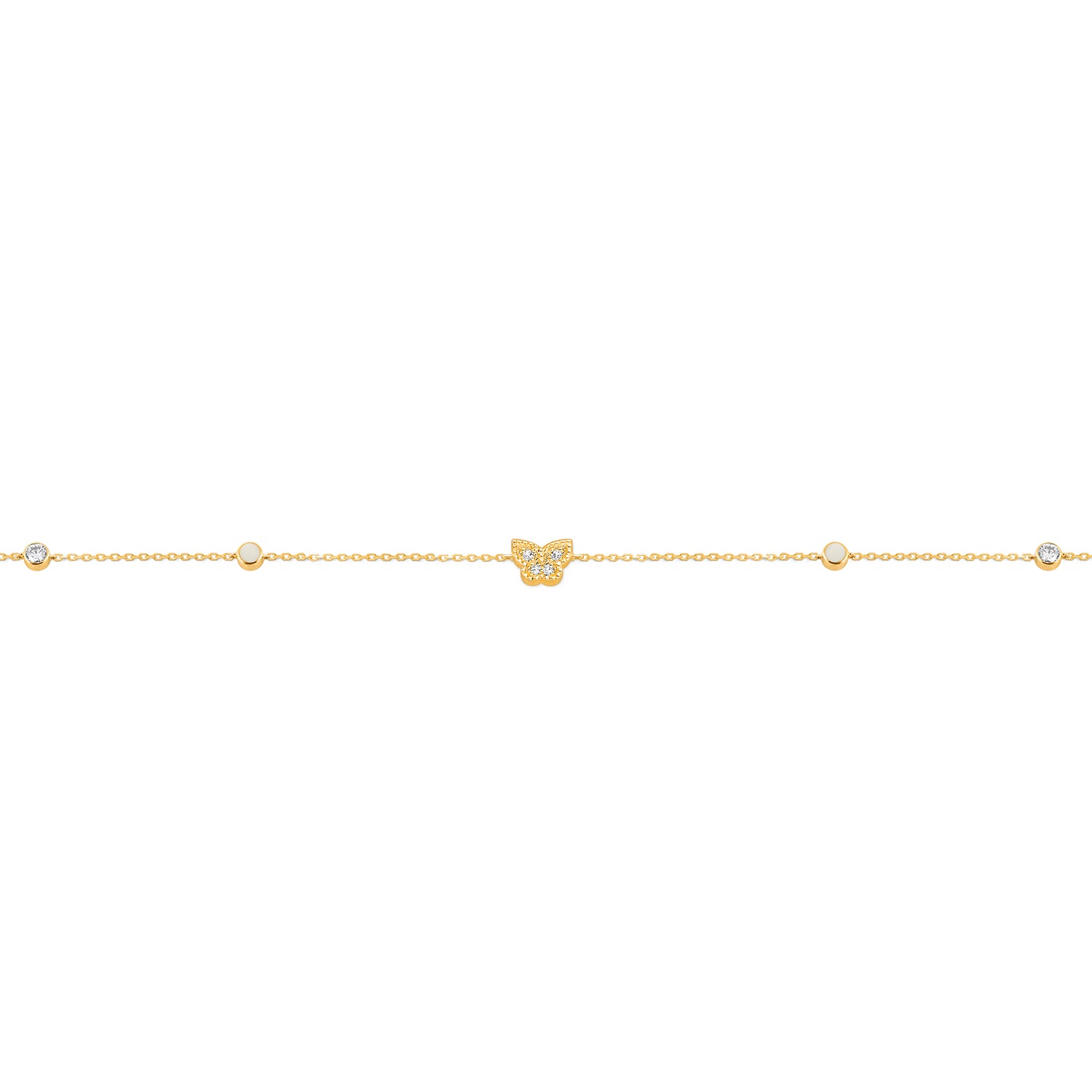 Yellow gold diamond butterfly and enamel station necklace featuring a central pavé diamond butterfly with enamel butterfly motifs and bezel set diamonds along a 42cm chain