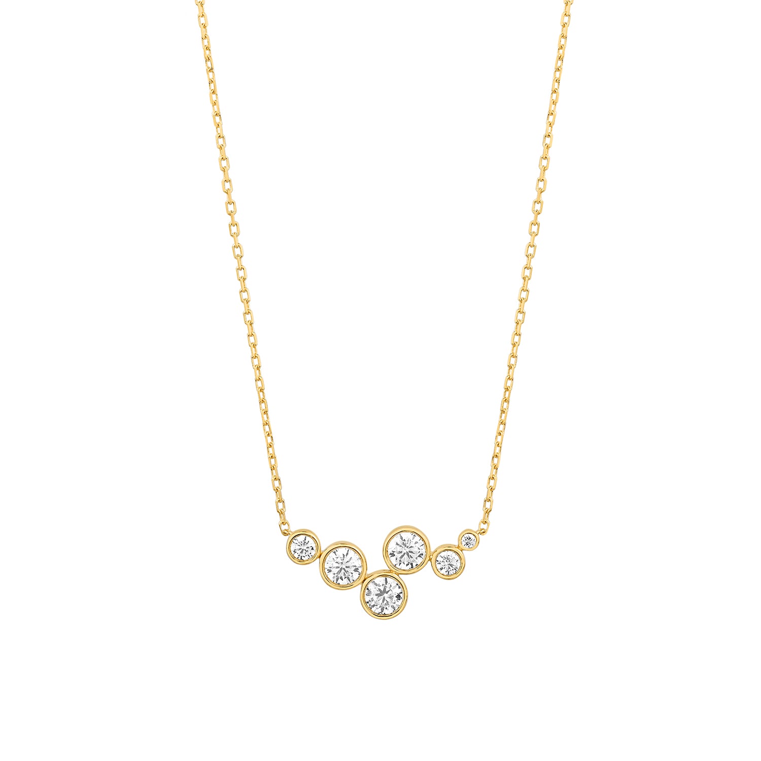 Yellow gold bezel set diamond bubble cluster necklace featuring six graduating round brilliant diamonds on a 42cm chain, shown on white background