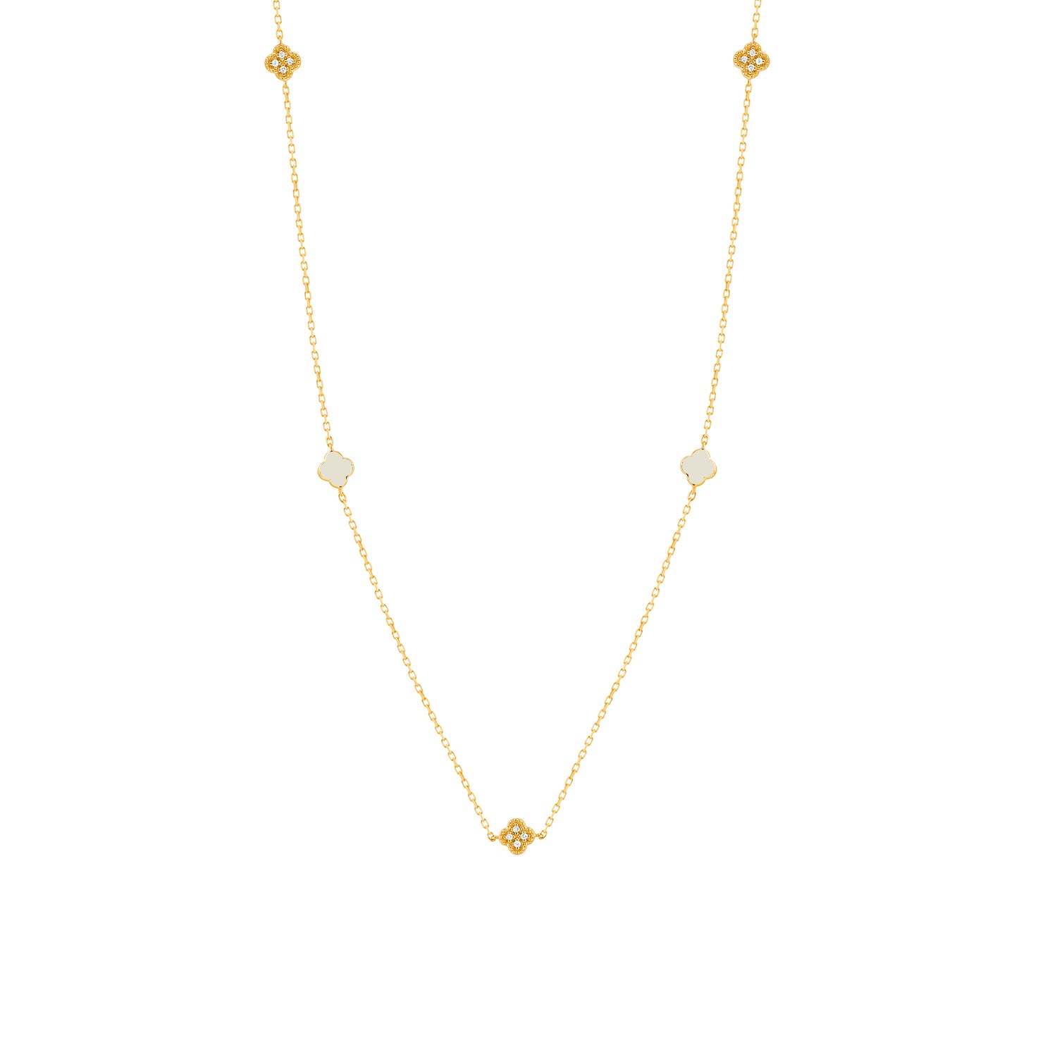 Yellow gold diamond clover and enamel station necklace featuring alternating milgrain diamond clover and enamel clover motifs on a fine chain, shown on white background