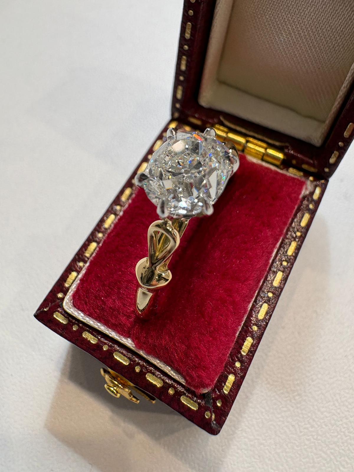 Old mine cut diamond 1.56ct set on 18k yellow gold "Eliza" mount Harrogate Jewellers UK Fogal and Barnes