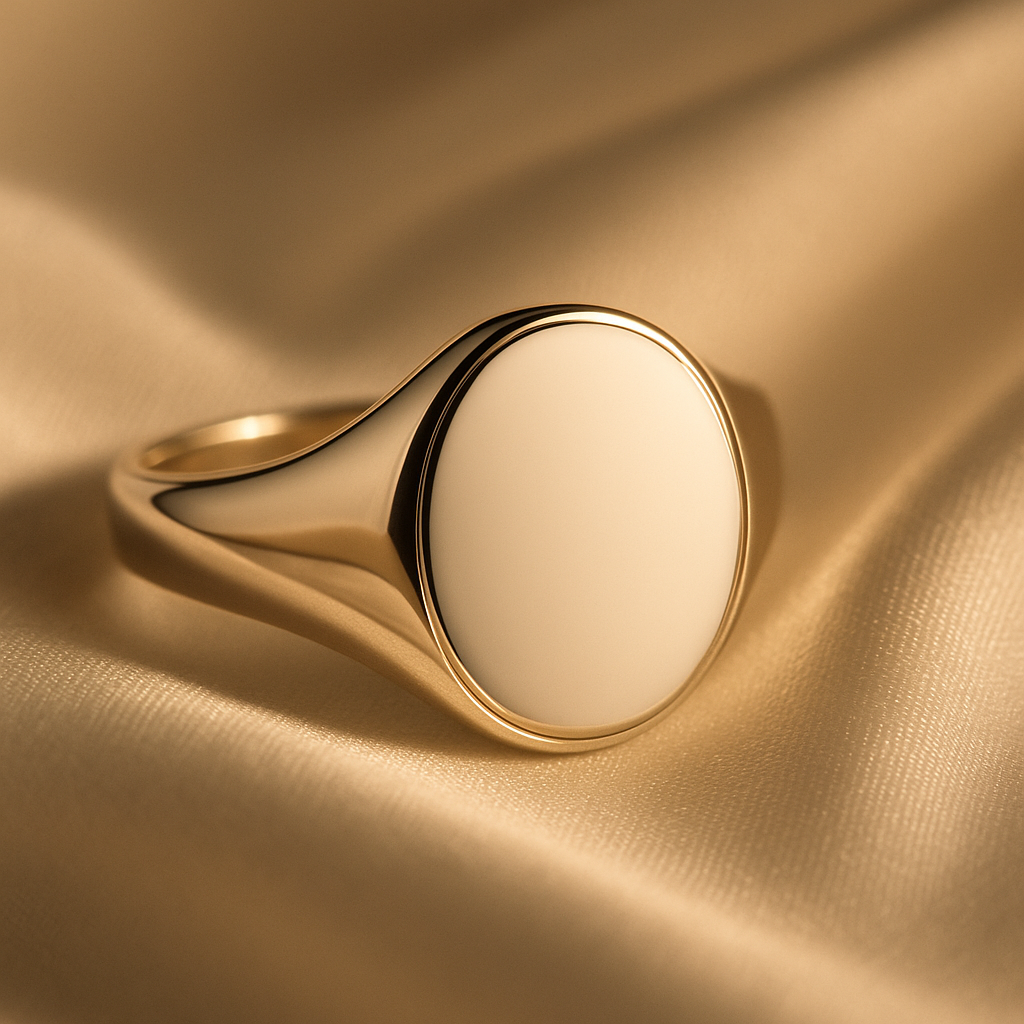 Handcrafted solid yellow gold oval signet ring with tapered shoulders