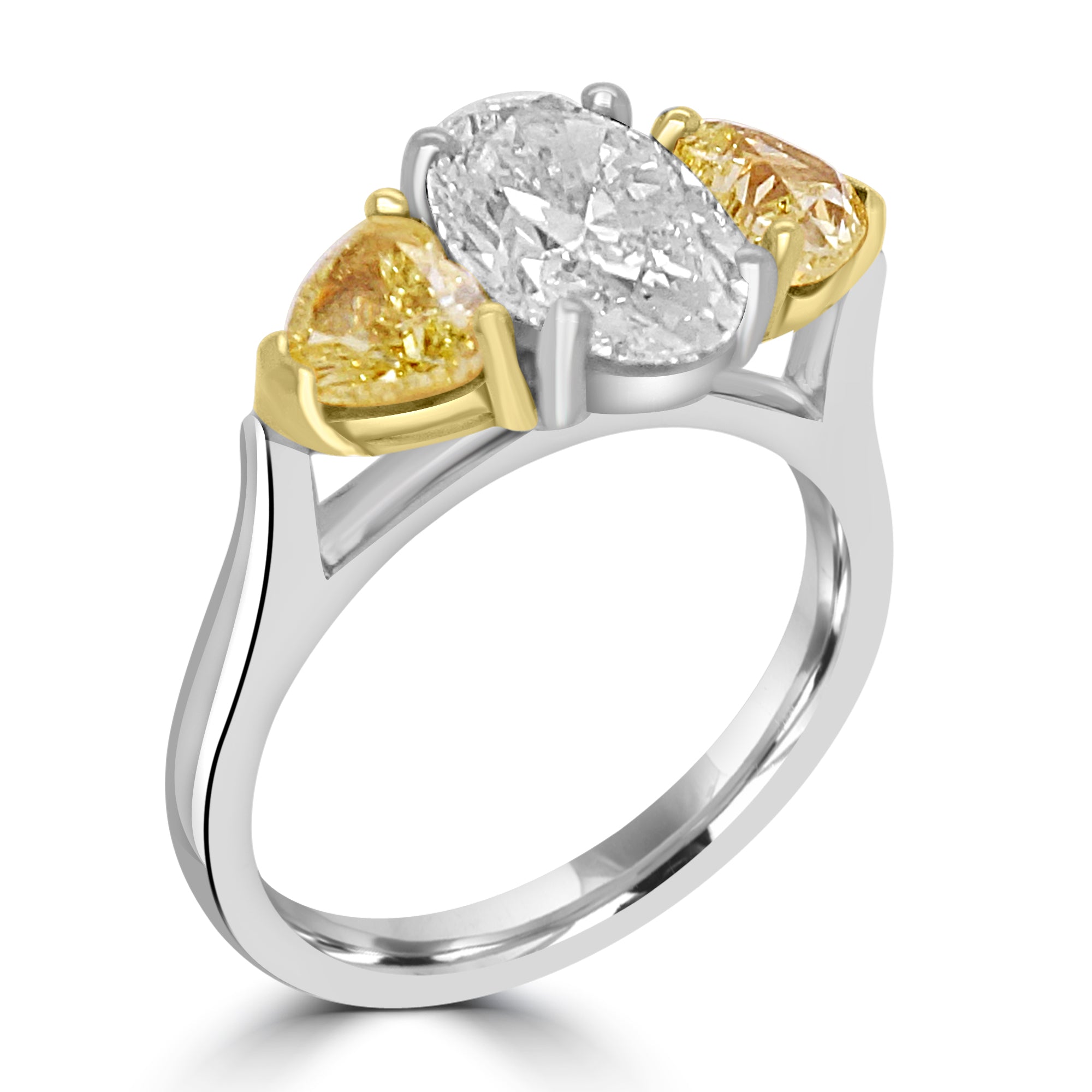 Natural Oval Diamond Trilogy with 2 pear cut Yellow Damond Engagement Ring Harrogate Fogal and Barnes Fine Jewelers 2.87ct in total diamond weight set on 18 ct yellow and white gold.