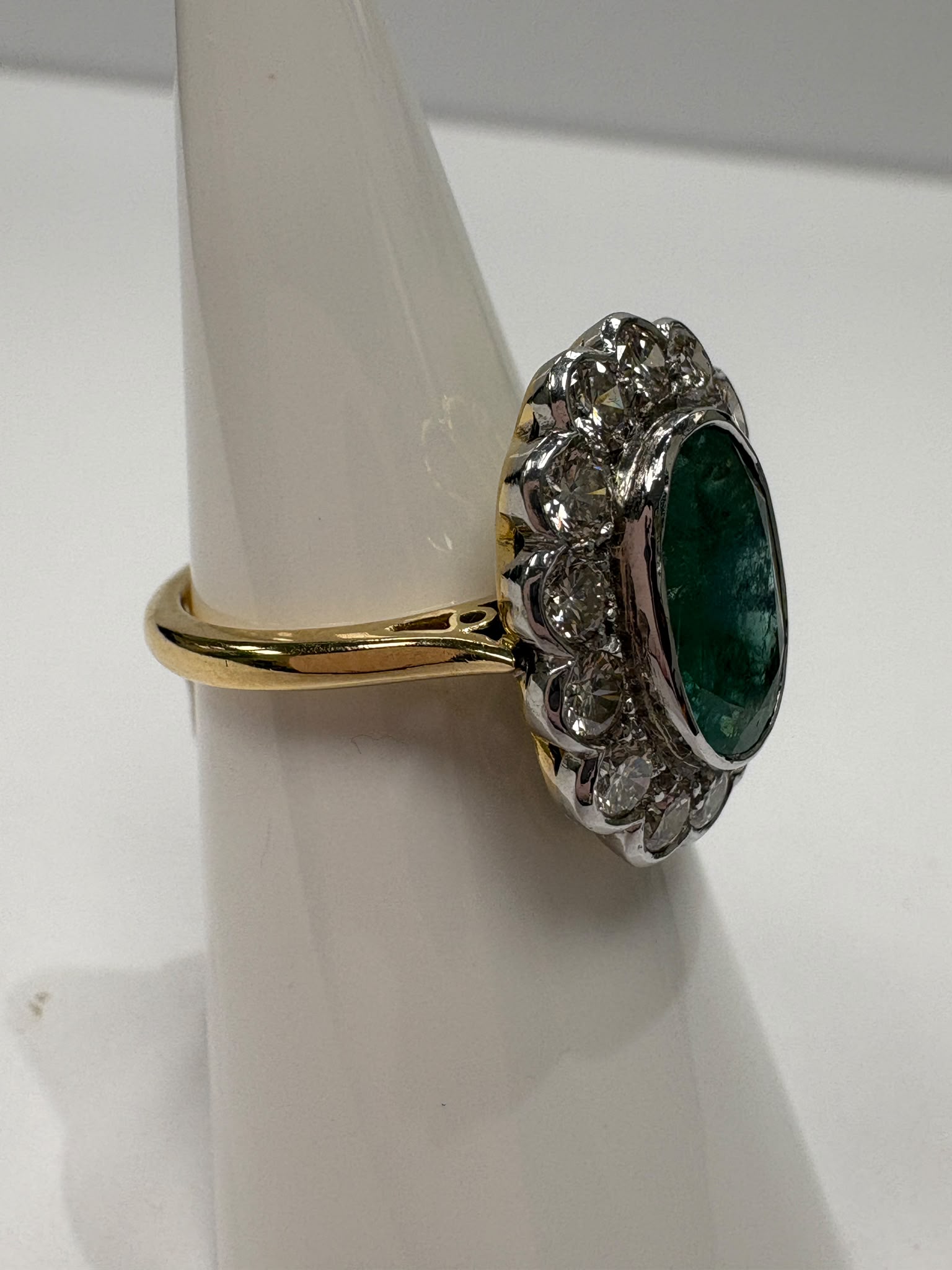 Substantial emerald and diamond cluster ring, 2.40ct emerald, 0.98ct diamonds, 18ct gold, size N. Pre-loved, excellent condition. Visit our Harrogate showroom.