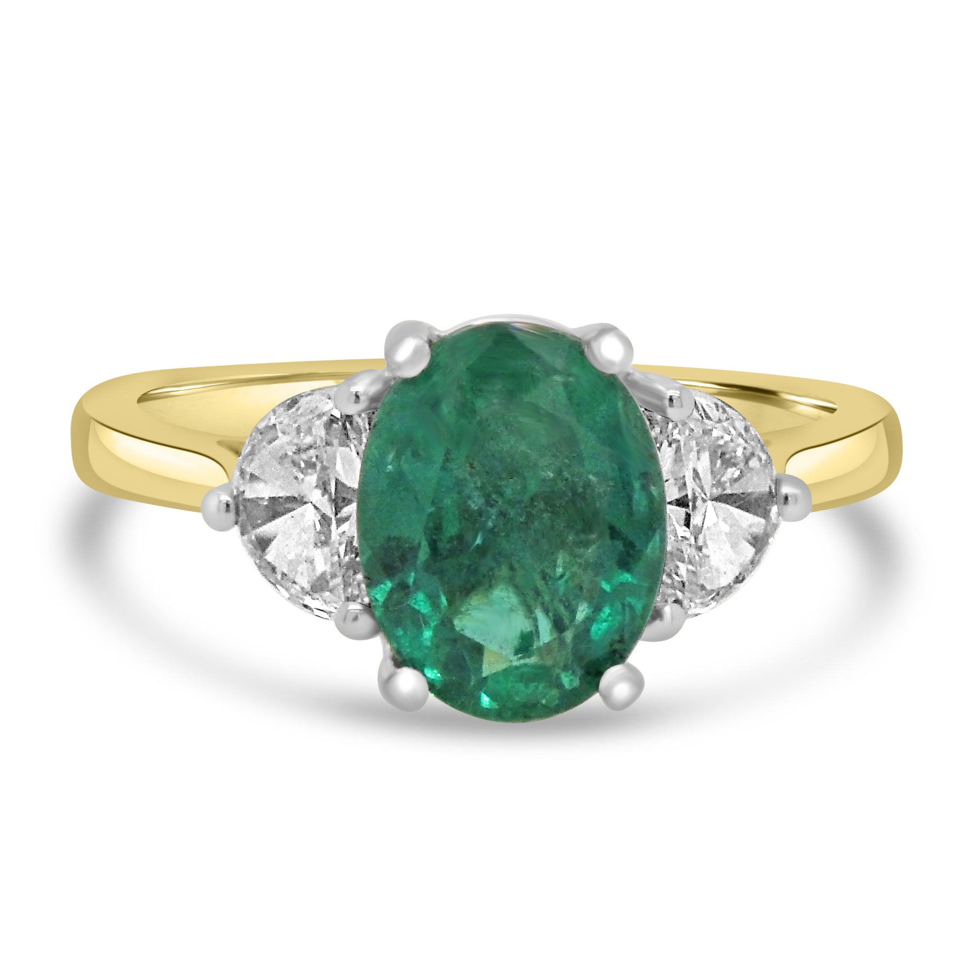 Fogal and Barnes Oval Emerald three stone with half moons Yellow gold  Engagement Ring Harrogate