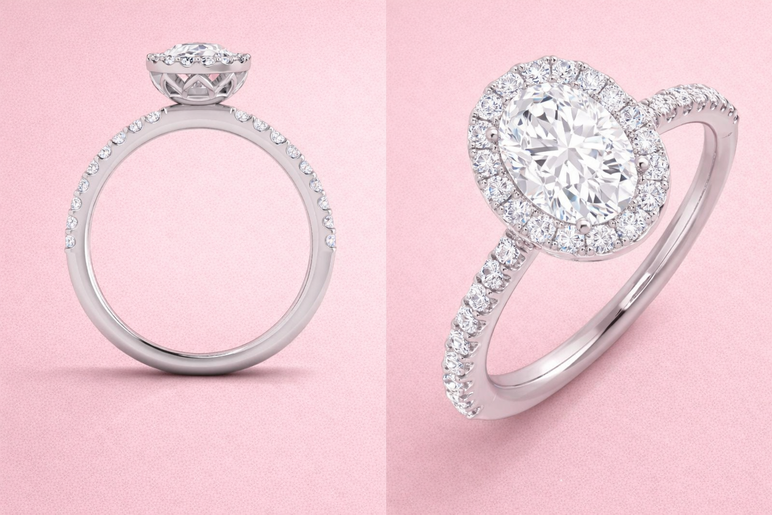 Oval lab-grown diamond halo ring handcrafted in gold or platinum