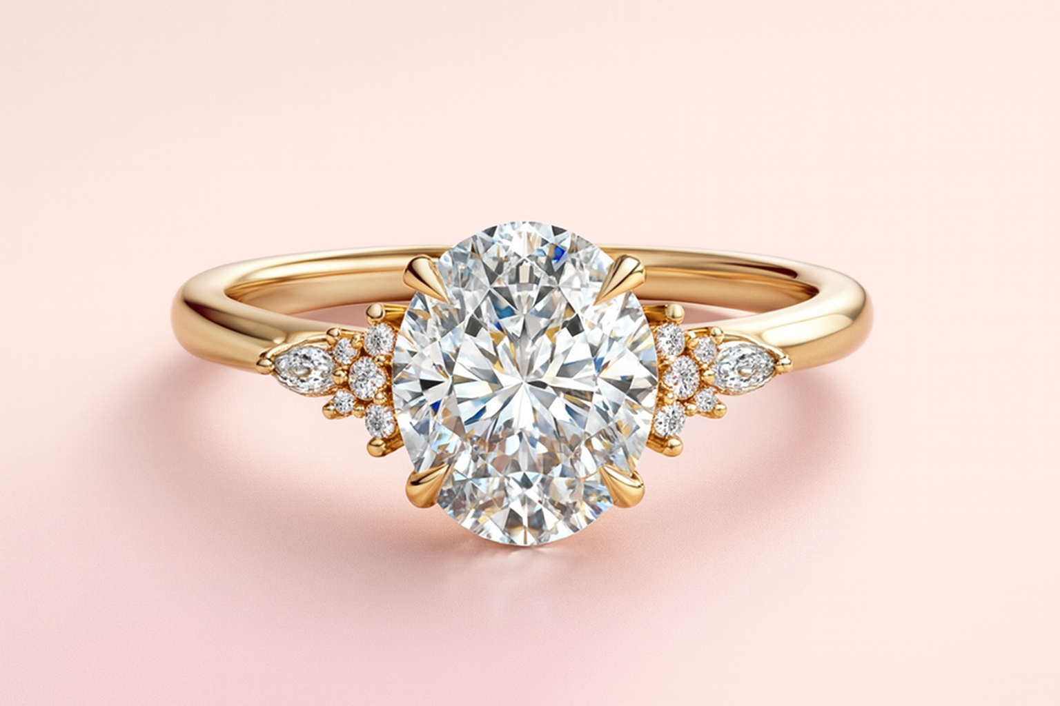 Close-up of the Isabelle bespoke oval lab-grown diamond engagement ring in 18k yellow gold