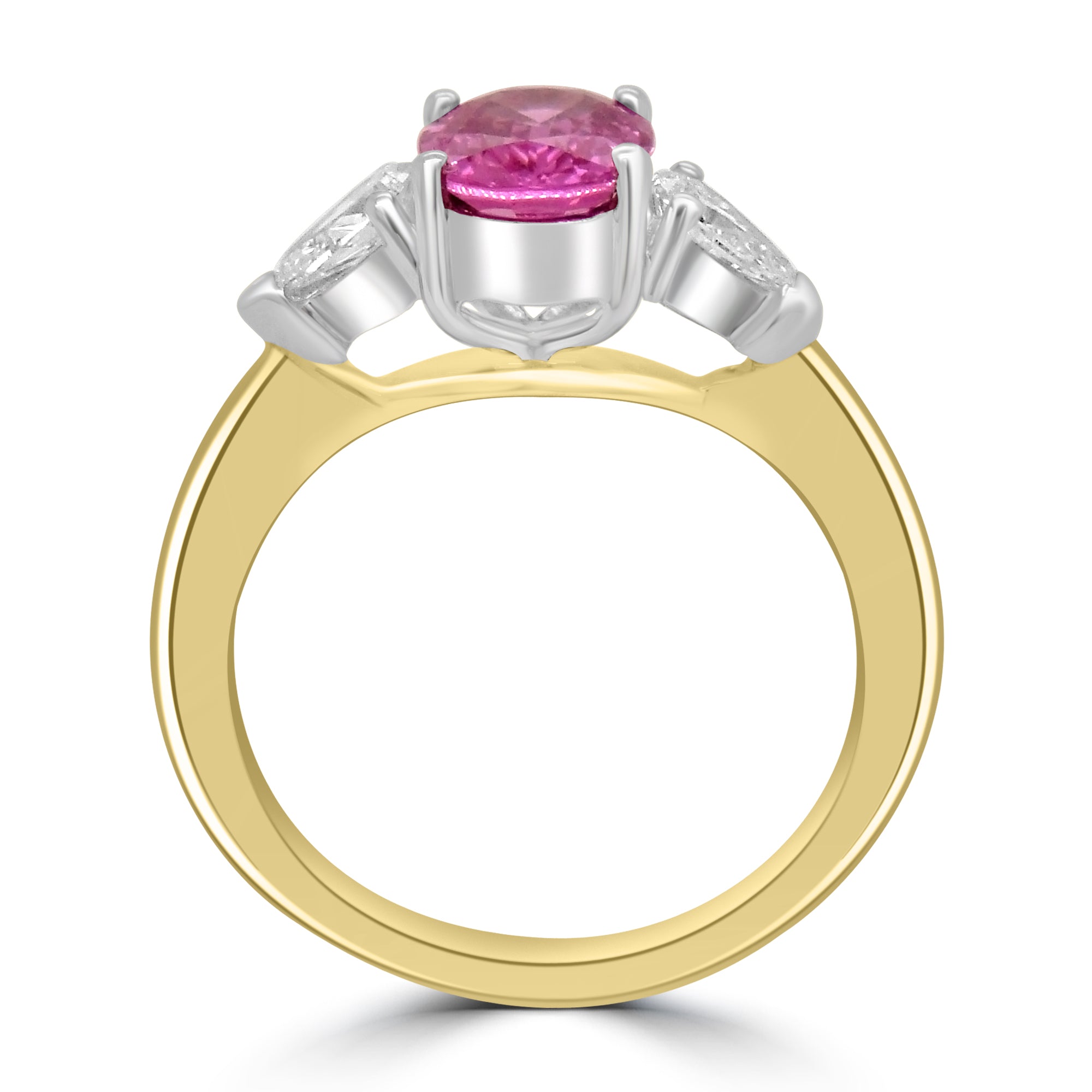 oval pink sapphire and diamond three stone engagement ring. set on 18k white and yellow gold from Fogal and Barnes fine jewellers of Harrogate.