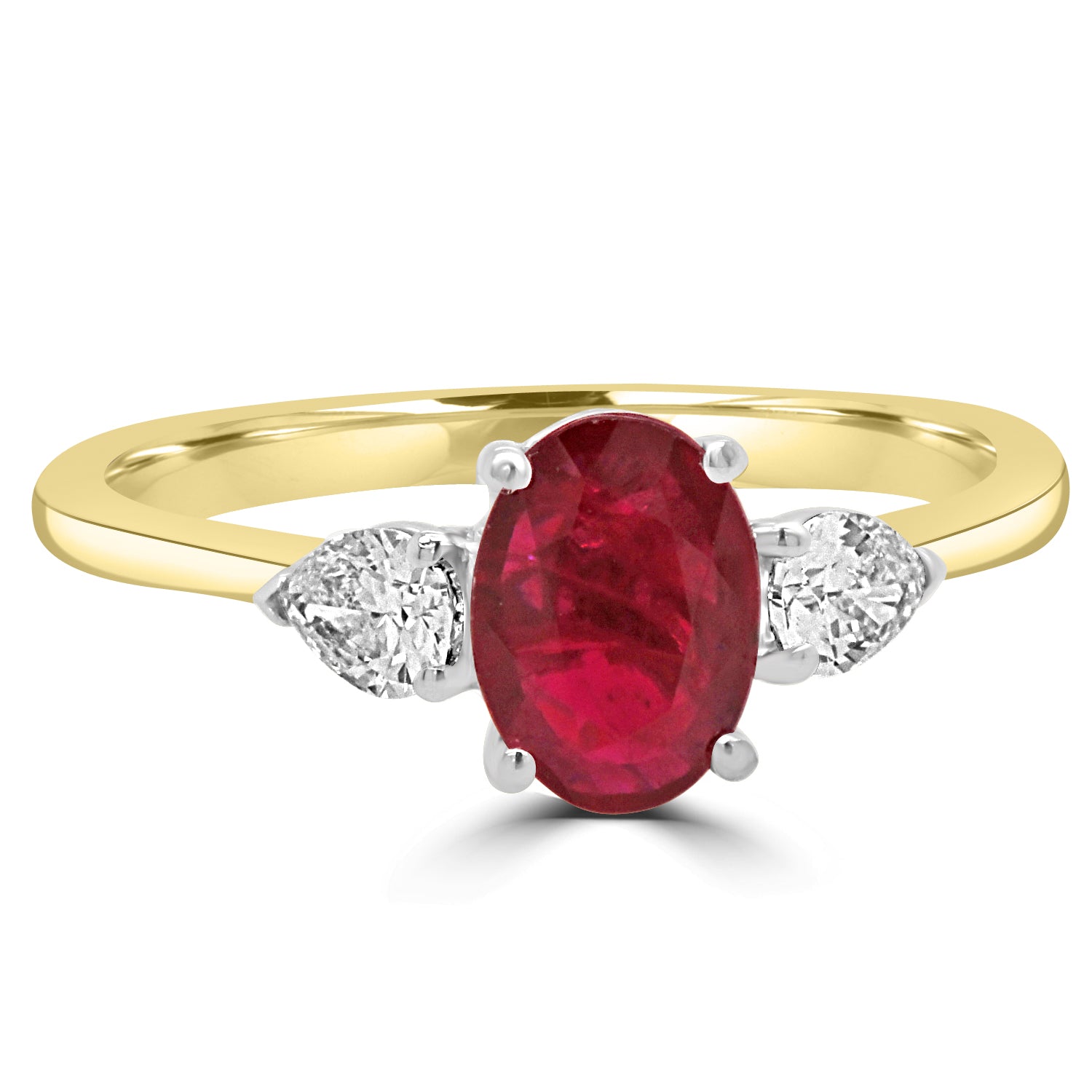 Yellow Gold Ruby Oval cut diamond trilogy engagement ring fogal and barnes Harrogate