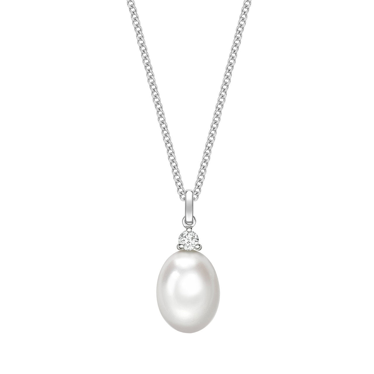 Freshwater Pearl & Diamond Pendant Necklace 18ct Gold 8.5–9mm Oval Pearl 0.07ct Diamond