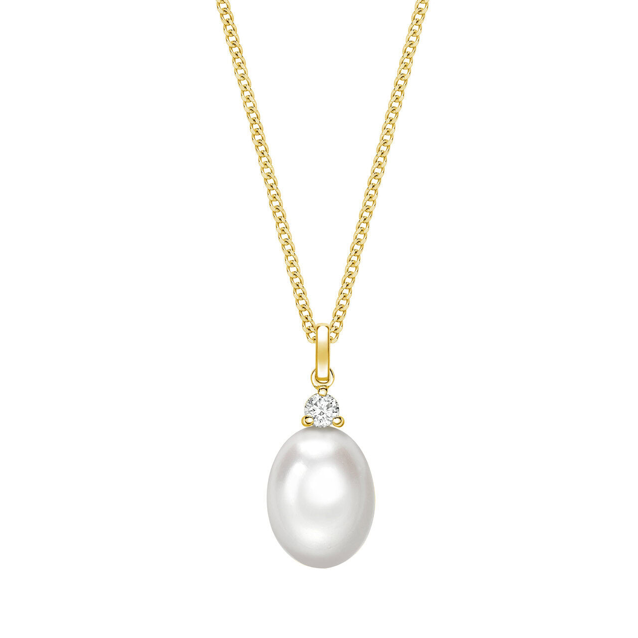 Freshwater Pearl & Diamond Pendant Necklace 18ct Gold 8.5–9mm Oval Pearl 0.07ct Diamond