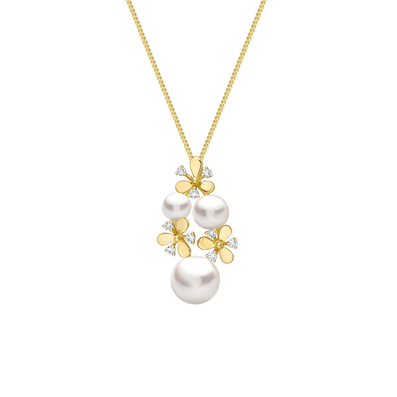 Akoya pearl and diamond floral cluster pendant necklace in 18ct yellow gold, three 7.5–8mm white pearls with 0.15ct round brilliant diamonds on curb chain