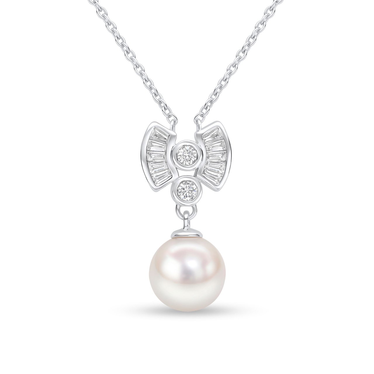 Akoya pearl and diamond fan pendant necklace in 18ct white gold, 8–8.5mm white Akoya pearl drop with channel-set baguette diamond fan and bezel-set brilliant on trace chain, 0.24ct total