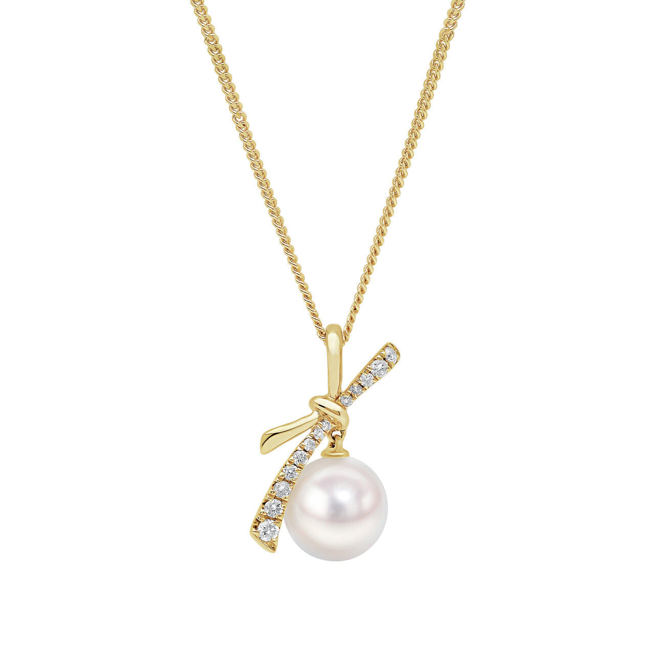 Akoya pearl and diamond bow pendant necklace in 18ct yellow gold, 7–7.5mm white pearl with 0.08ct round brilliant diamonds on curb chain