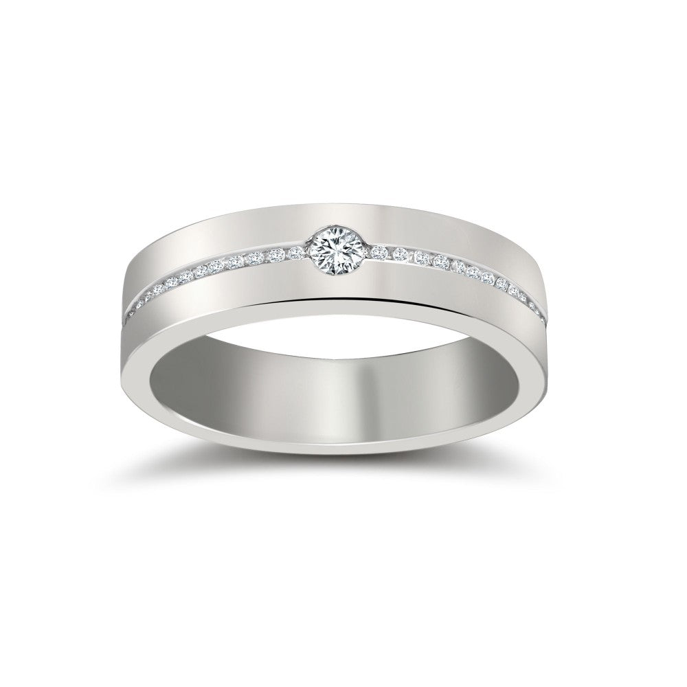 Platinum 4mm flat court diamond wedding band with 0.28ct round brilliant cut diamonds hand-made by Fogal & Barnes Harrogate