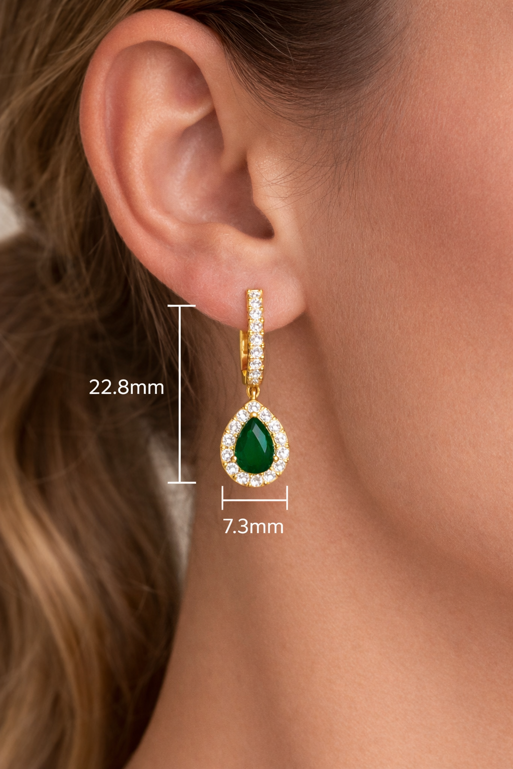 Pear cut emerald and diamond halo drop earrings with diamond set hoops in white gold by Fogal and Barnes Harrogate Jewellers
