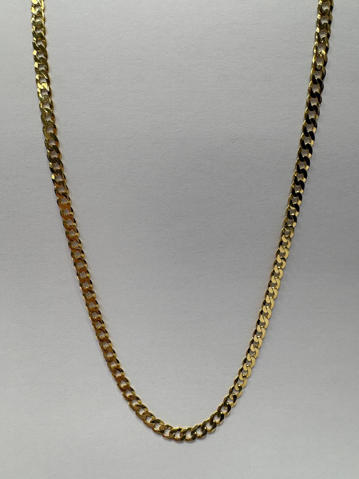 Full length front view of a pre-loved yellow gold curb chain necklace laid flat on a grey background. The chain features uniform flat interlocking curb links with a bright polished finish throughout.