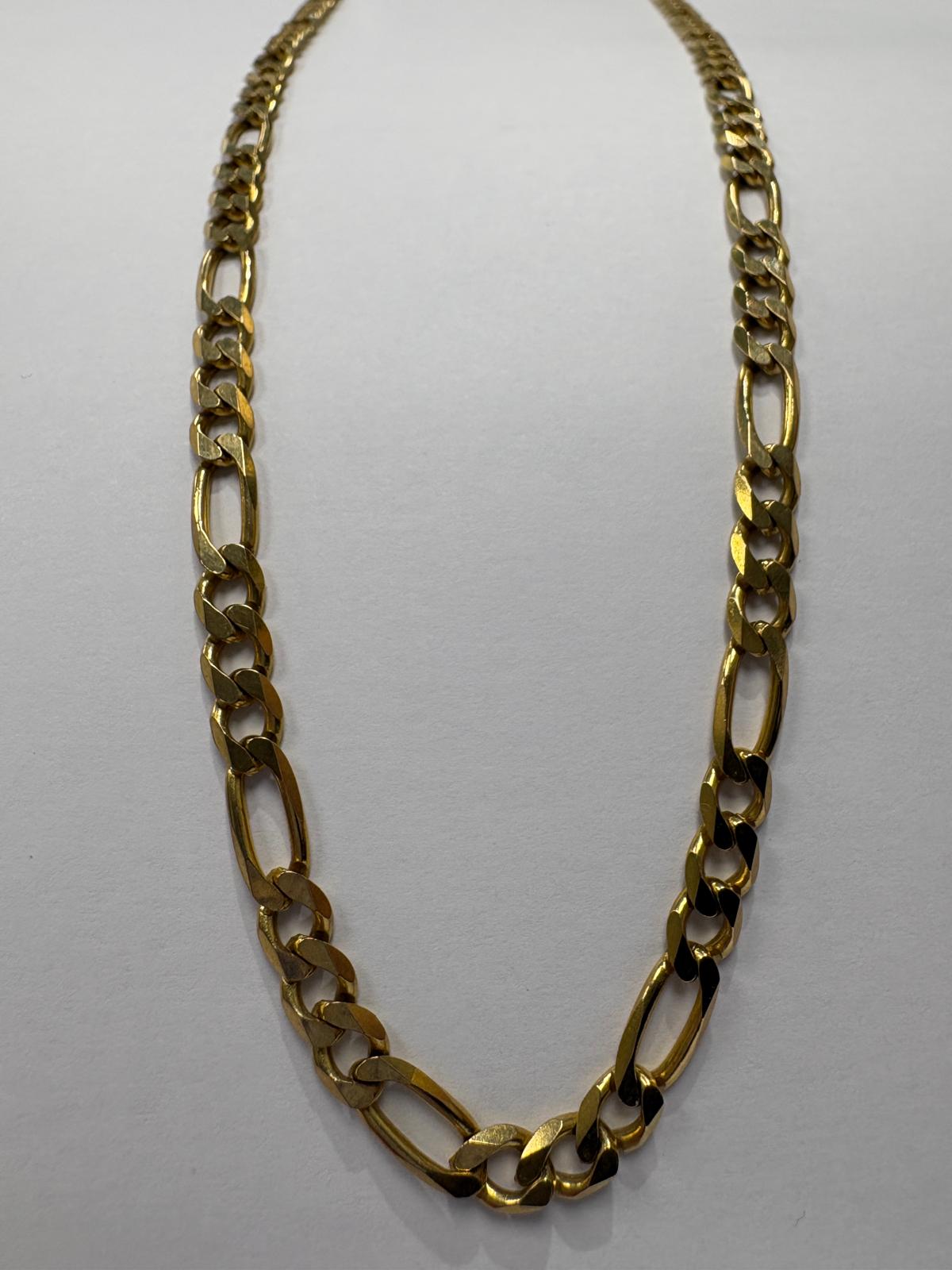 Closer full length view of a pre-loved yellow gold heavy figaro chain necklace on a white background. The substantial figaro links are clearly visible, showing the alternating small and large link pattern with a bright polished finish.