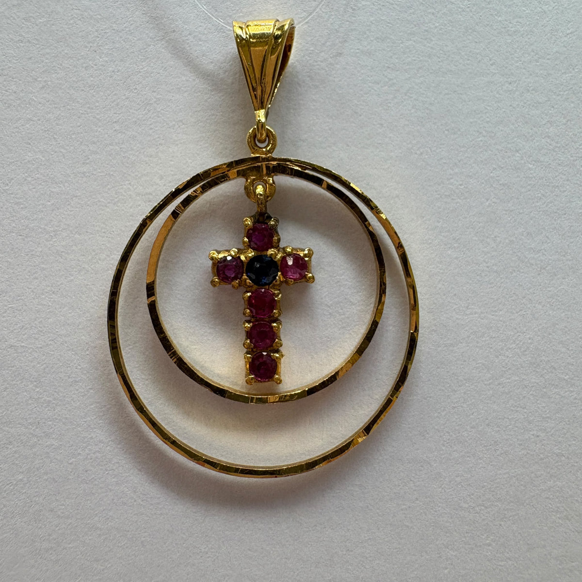 22ct gold cross pendant, natural ruby cross pendant, gold cross necklace UK, ruby and sapphire pendant, christening gift gold cross, pre-loved gold pendant, July birthstone pendant, confirmation gift cross