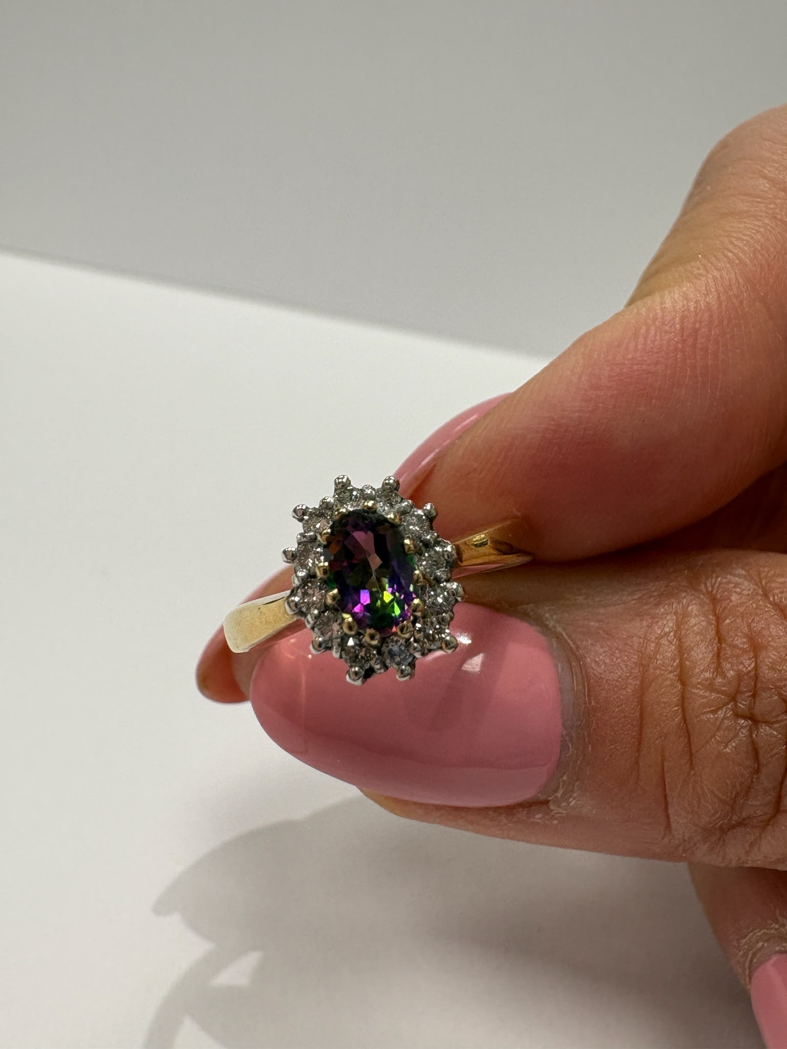 mystic topaz ring, mystic topaz and diamond ring, second hand mystic topaz ring UK, pre-loved topaz ring, vintage mystic topaz ring, 9ct gold topaz cluster ring, rainbow topaz ring, diamond cluster ring second hand, second hand jewellery Harrogate, second hand jewellery Leeds, second hand jewellery York, second hand jewellery Yorkshire, pre-owned gemstone ring UK, antique style topaz ring, colourful gemstone ring, buy second hand mystic topaz ring, mystic topaz ring size N, mystic topaz ring near me, fine j