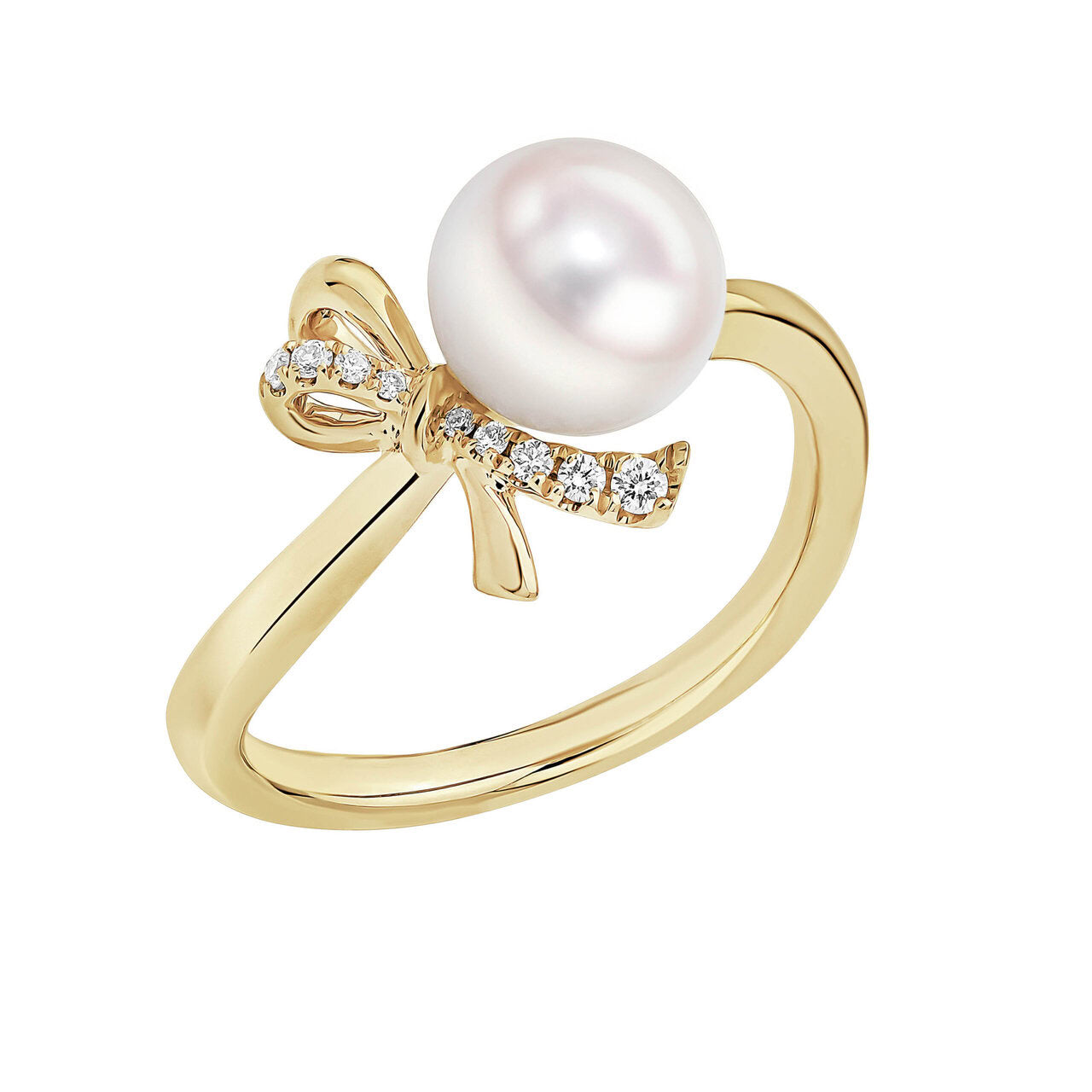 Akoya pearl and diamond bow ring in 18ct yellow gold, 7.5–8mm white pearl with 0.05ct round brilliant diamond-set bow detail