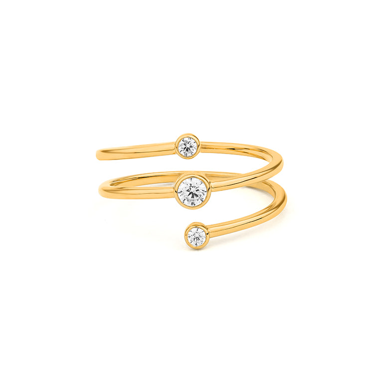 Yellow gold bezel set open wrap diamond ring with double band design featuring three graduating round brilliant diamonds, front
