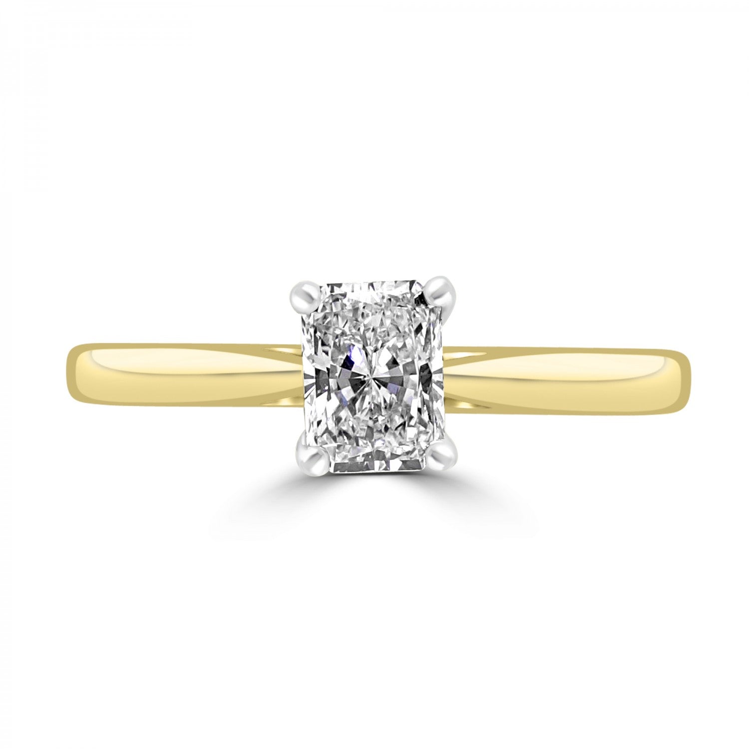 Radiant cut diamond solitaire engagement ring harrogate with two tone band. 18ct yellow band and platinum head. Fogal and Barnes fine jewellers