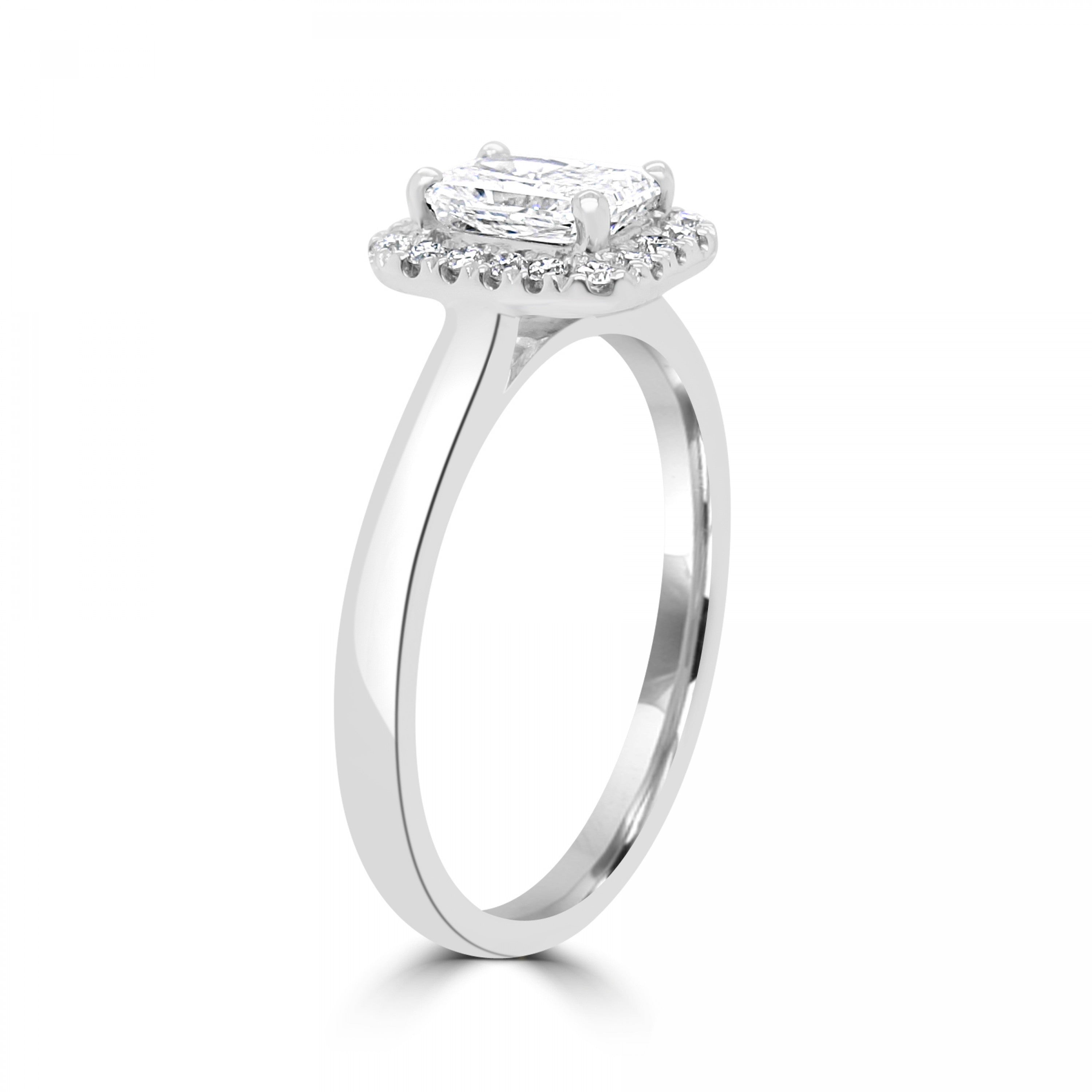 Radiant cut diamond halo engagement ring set on 18ct white gold or platinum. Fogal and Barnes Fine Jewellers of Harrgate