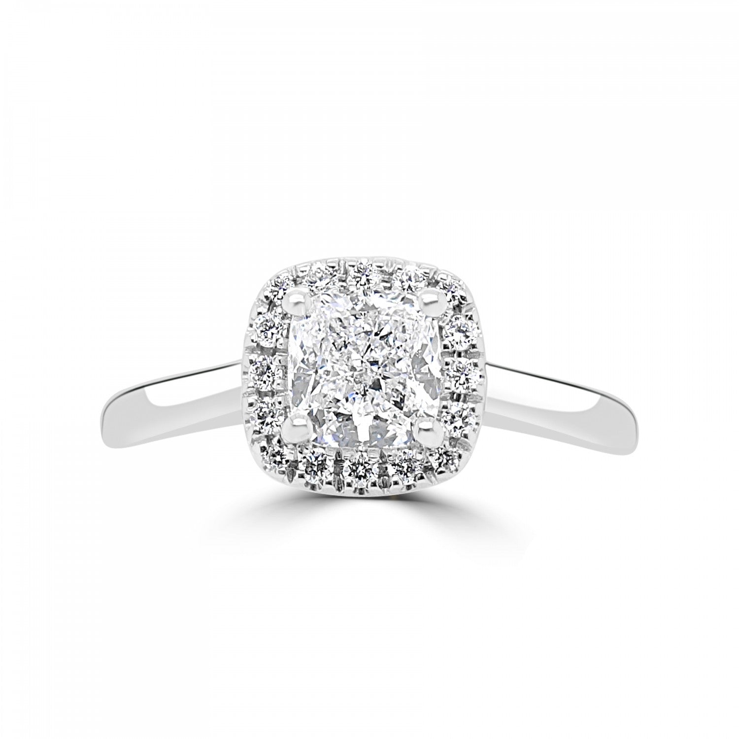 Cushion cut diamond with halo engagement ring harrogate set on 18ct white gold or platinum Fogal and Barnes Fine Jewellers of Harrgate