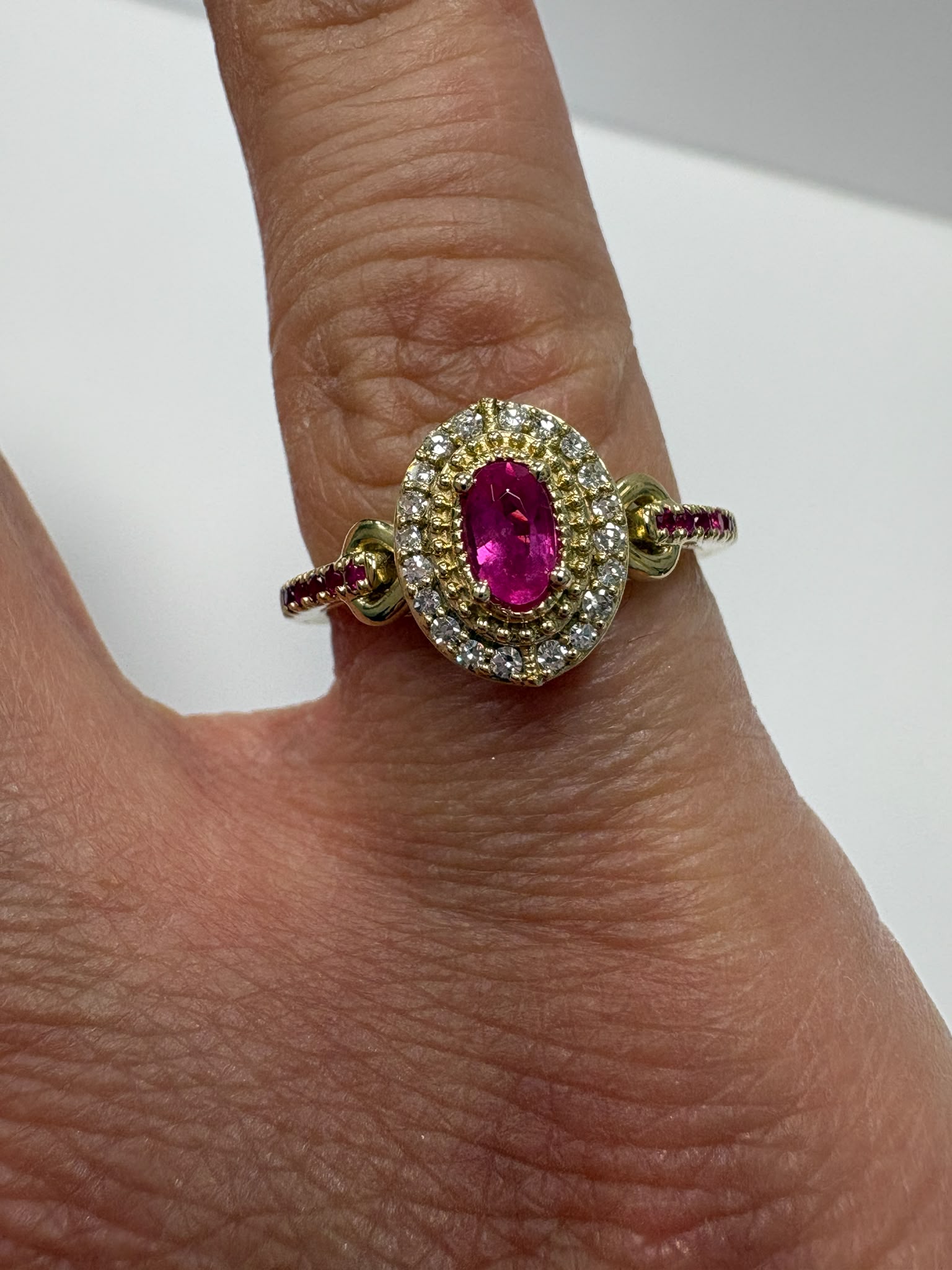 ruby and diamond halo ring, double halo ruby ring, second hand ruby ring UK, vintage ruby ring, pre-loved gold ring Harrogate, antique style ruby ring Yorkshire, 9ct gold ruby ring size N, second hand jewellery Leeds, ruby diamond cluster ring, buy pre-owned ruby ring UK, ruby ring near me, second hand fine jewellery Yorkshire, oval ruby ring vintage style, ruby halo engagement ring second hand