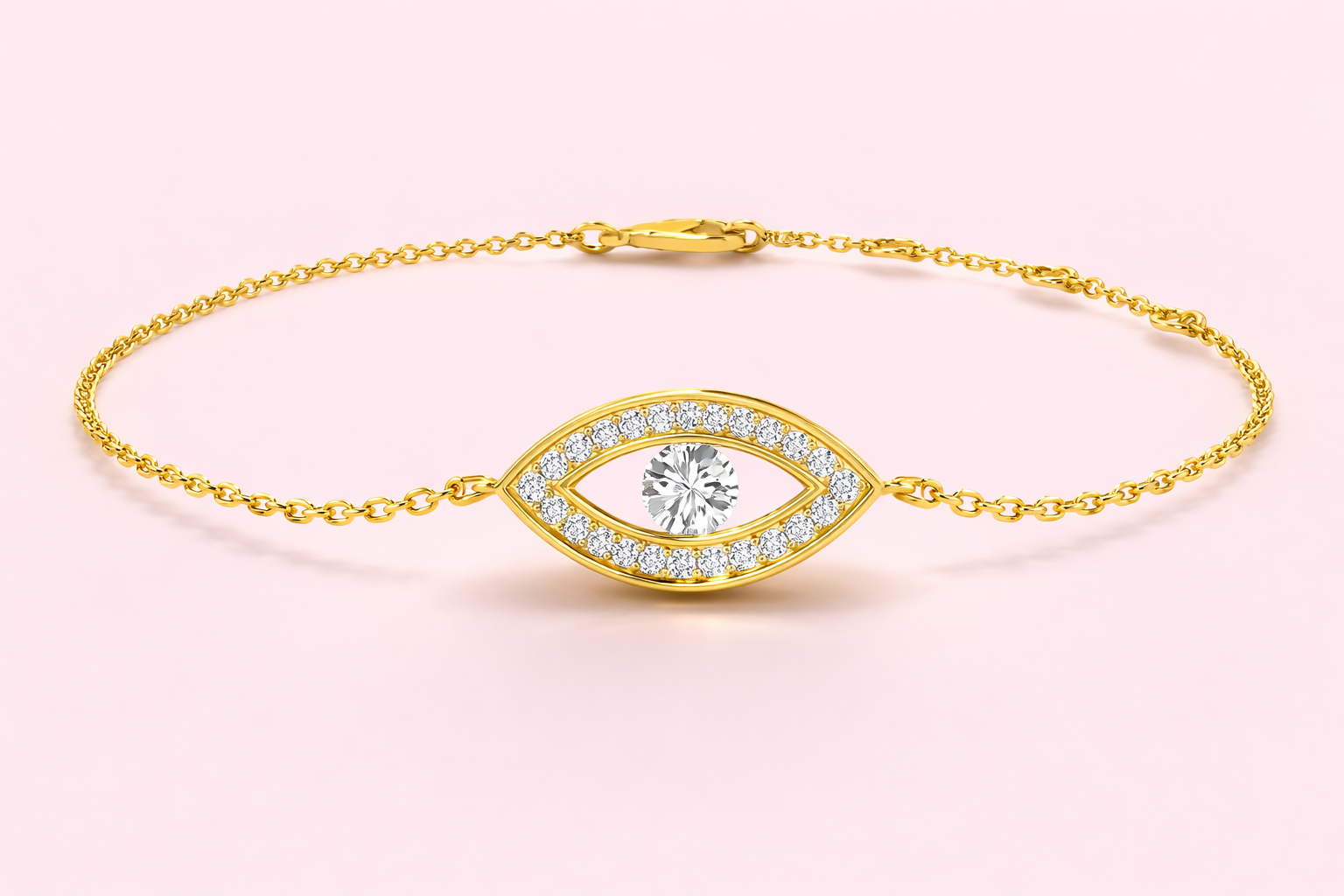 Lab-grown diamond evil eye bracelet in yellow and white gold, bespoke fine jewellery by Fogal and Barnes Harrogate UK