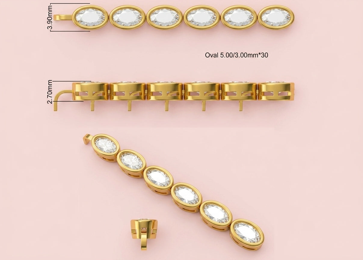 Lab grown east-west oval diamond tennis bracelet featuring 30 horizontally bezel set oval diamonds totalling 5.69ct, shown in white gold and yellow gold with CAD design detail