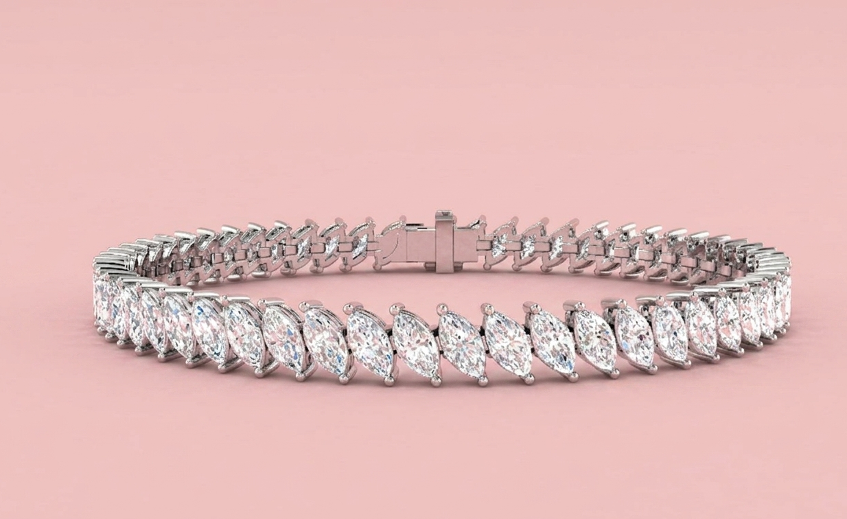 Lab grown marquise diamond tennis bracelet featuring 56 claw set marquise diamonds totalling 8.63ct, shown in white gold and yellow gold on a pink background