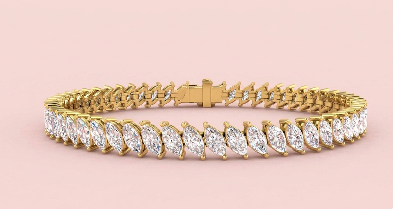 Lab grown marquise diamond tennis bracelet featuring 56 claw set marquise diamonds totalling 8.63ct, shown in white gold and yellow gold on a pink background