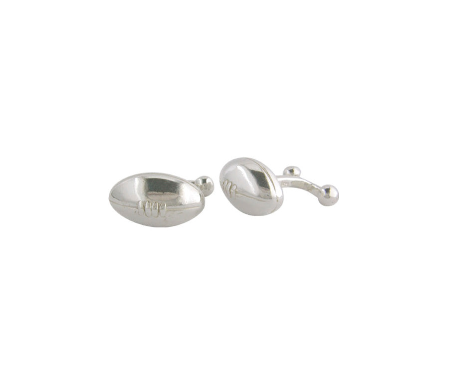 Sterling silver rugby ball cufflinks, polished finish, by Fogal & Barnes Fine Jewellers of Harrogate.
