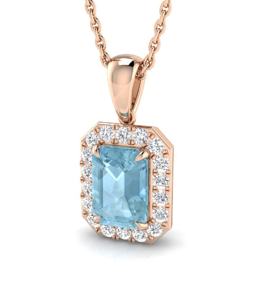 EMERALD AQUAMARINE AND DIAMOND HALO PENDANT NECKLACE