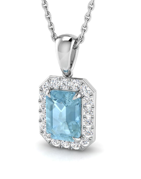 EMERALD AQUAMARINE AND DIAMOND HALO PENDANT NECKLACE
