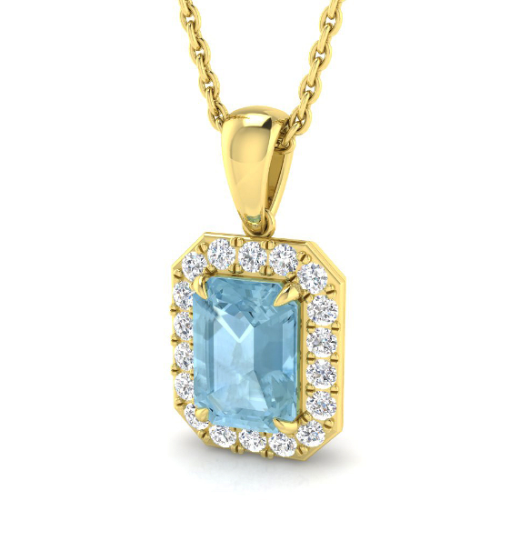 EMERALD AQUAMARINE AND DIAMOND HALO PENDANT NECKLACE