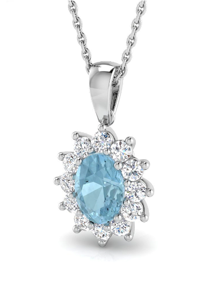 OVAL AQUAMARINE AND DIAMOND CLUSTER PENDANT NECKLACE