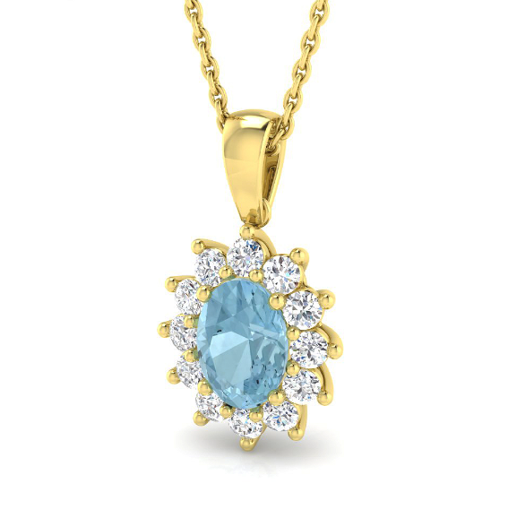 OVAL AQUAMARINE AND DIAMOND CLUSTER PENDANT NECKLACE