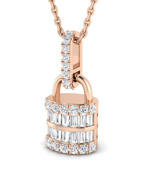 GOLD PADLOCK BAGUETTE DIAMOND PENDANT NECKLACE