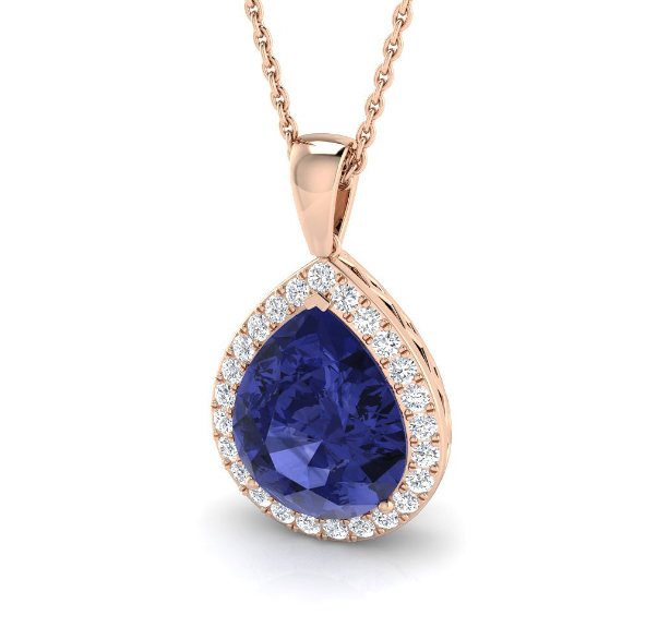 PEAR TANZANITE AND DIAMOND HALO PENDANT NECKLACE