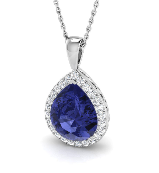 PEAR TANZANITE AND DIAMOND HALO PENDANT NECKLACE