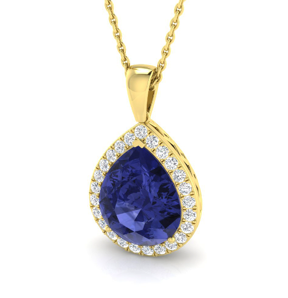 PEAR TANZANITE AND DIAMOND HALO PENDANT NECKLACE