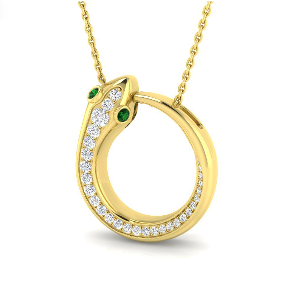 GOLD CIRCLE SNAKE EMERALD EYE PENDANT NECKLACE