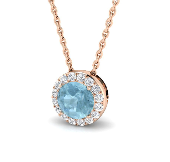 ROUND AQUAMARINE GEMSTONE DIAMOND HALO PENDANT NECKLACE