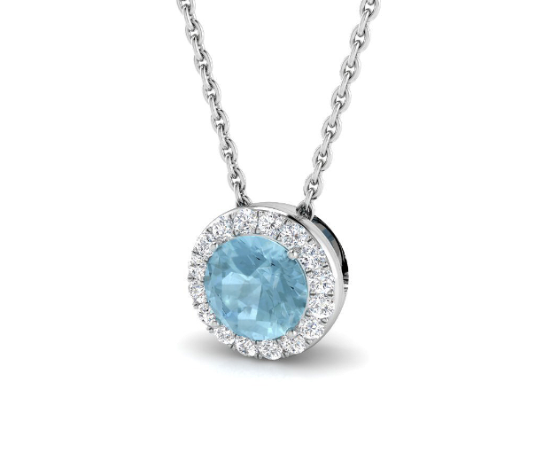 ROUND AQUAMARINE GEMSTONE DIAMOND HALO PENDANT NECKLACE