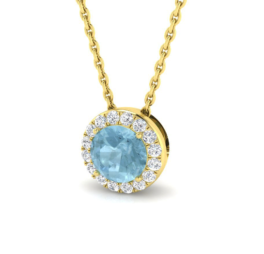 ROUND AQUAMARINE GEMSTONE DIAMOND HALO PENDANT NECKLACE